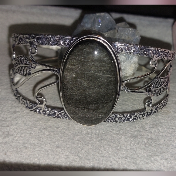 Large Silver Sheen Obsidian Adjustable Bangle Bracelet - Picture 6 of 7